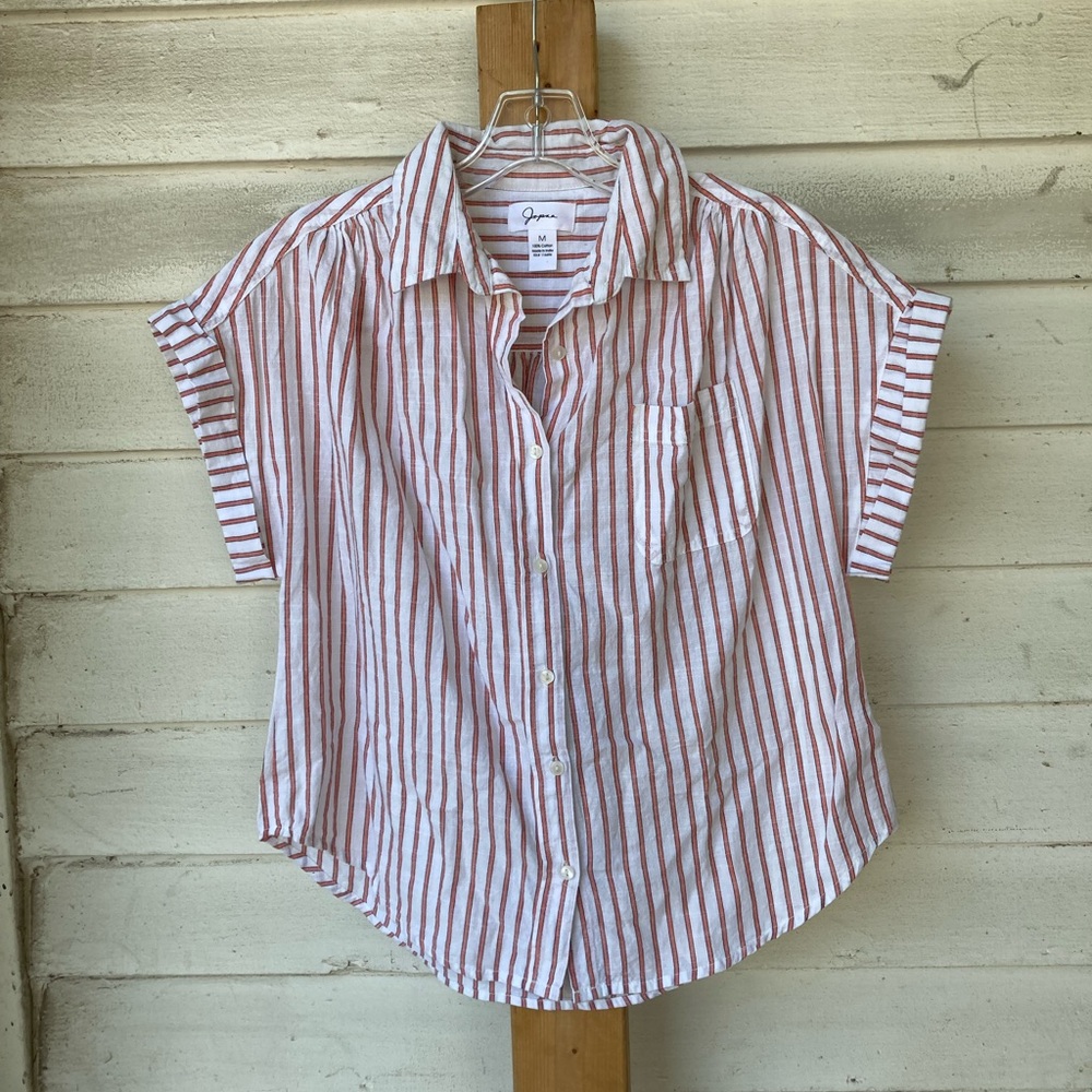 Rails Short Sleeve Button-Up Shirt - White with Rust Stripes